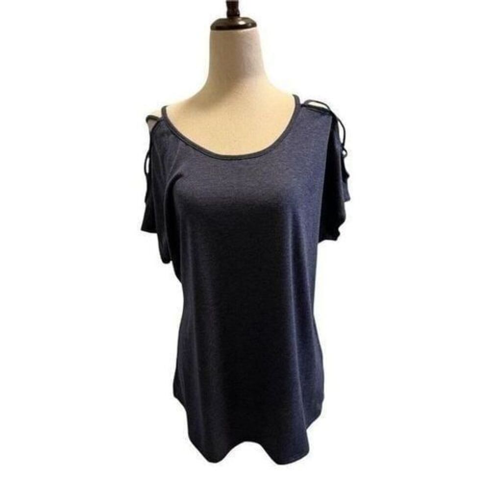 EMBER Women’s Blue Ladder Cut Out Sleeve Scoop Neck Cold Shoulder Top